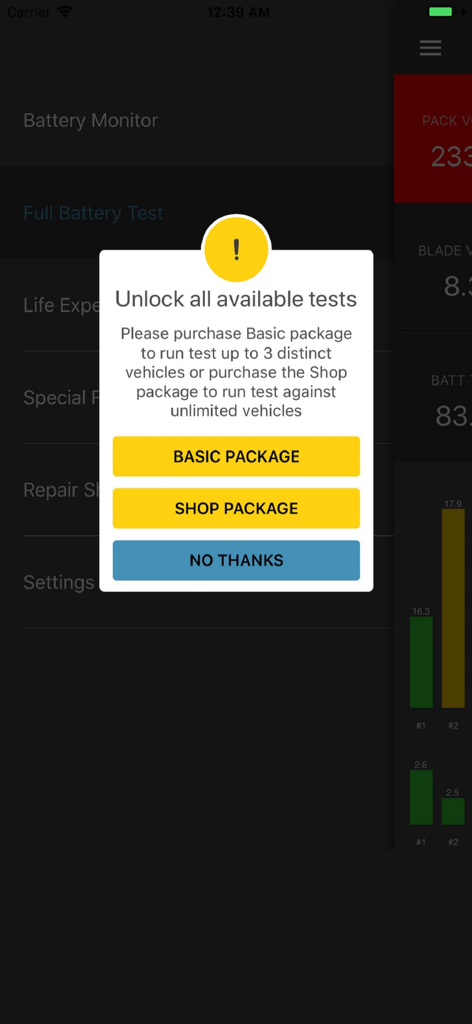 Dr. Prius / Dr. Hybrid - In-app purchase popup for Dr. Prius app showing Basic and Shop package options to unlock battery tests