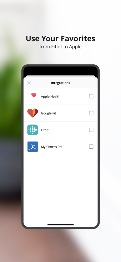 Weight Gurus app integrations screen showing sync options for Apple Health, Google Fit, Fitbit, and MyFitnessPal.