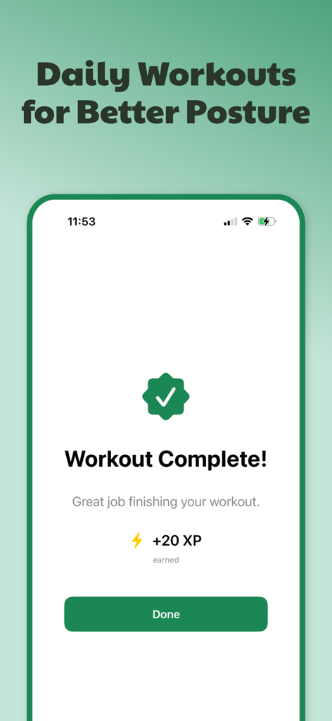 Necklo mobile app showing a completed daily posture workout and earned XP