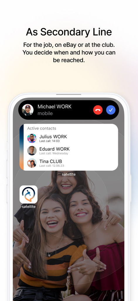 satellite - Mobil telefonieren - Satellite app interface on an iPhone displaying a secondary phone line with organized work and personal contacts