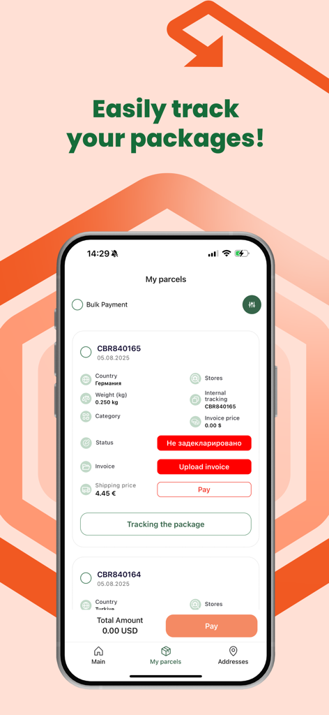 Colibri Yeni - Mobile interface of the Colibri Yeni app showing a list of international parcels with tracking status and shipping details
