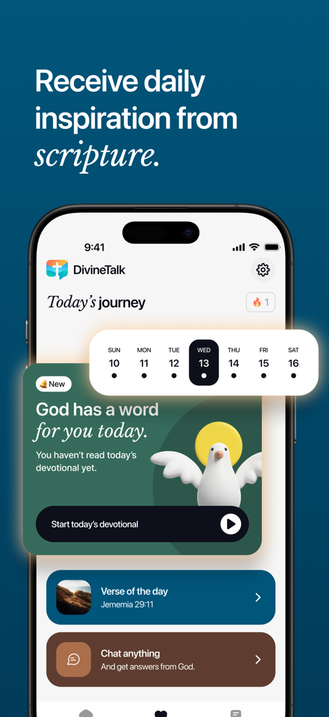 DivineTalk app home screen showing daily scripture inspiration and devotional features