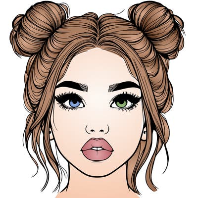 realistic girl with two buns on her hair and lips