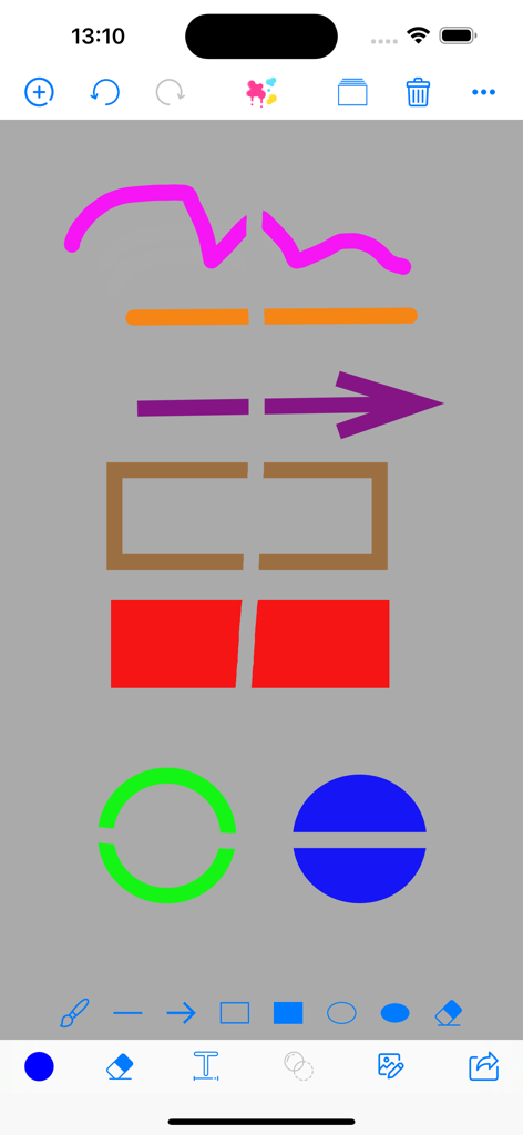 Brush Canvas color draw boards - Interface do aplicativo Brush Canvas exibindo formas coloridas desenhadas à mão e ferramentas de utilidade de desenho.