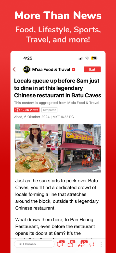 Newswav app screen showing a Malaysian lifestyle article about a local restaurant.