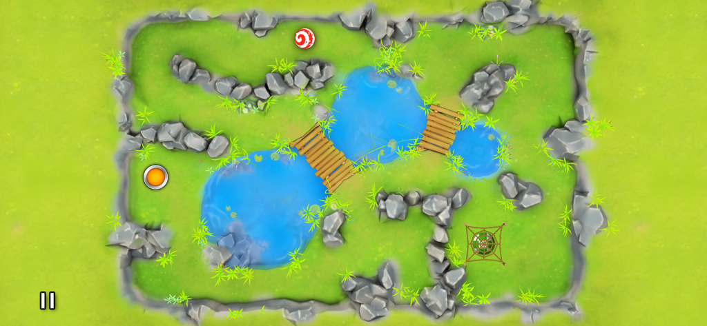 赤と白のボールがある、迷路ゲームの自然をテーマにした迷路レベルのトップダウンビュー