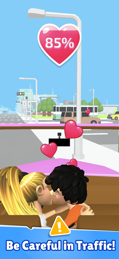 Kiss in Public: Dating Choices - 『Kiss in Public』のゲームプレイで、プログレスバーと交通警告が表示された車の中でキスをしているカップルが表示されています。