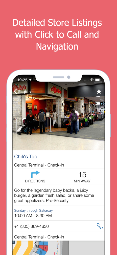 MIA Airport Official - MIA空港公式アプリのChili's Tooの詳細なレストランリスト、経路と連絡先情報が表示されています。