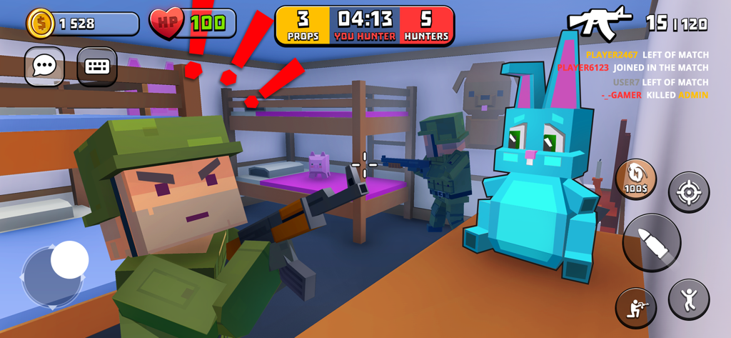 H.I.D.E. - Hide or Seek Online - Gameplay di uno sparatutto pixel multiplayer che mostra un cacciatore alla ricerca di prop nascosti in una stanza