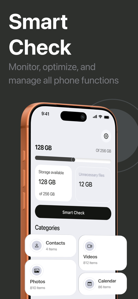 Cleerix - cleaner app - Cleerix app interface showing storage management and smart check optimization tool