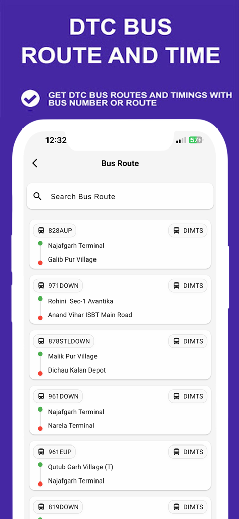 Delhi Metro app screen showing DTC bus routes and timing information