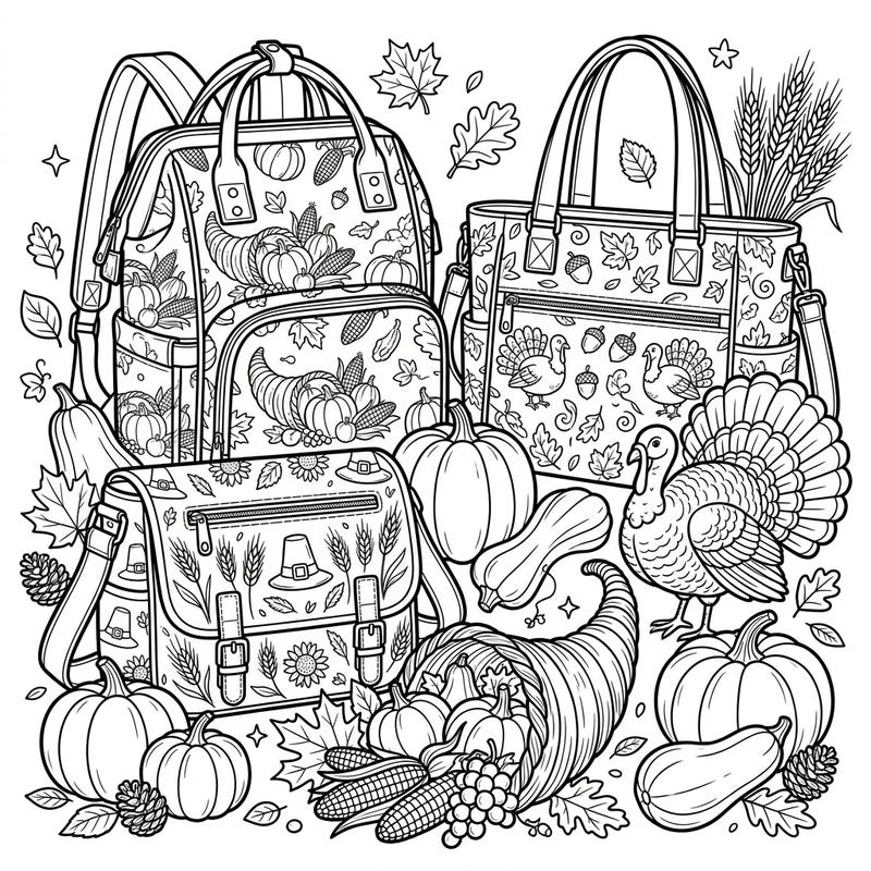 Get ready for a heartwarming coloring experience with our Thanksgiving-themed diaper bags page. This intricate design beautifully blends essential baby gear with the bountiful spirit of the harvest season, perfect for creative minds.