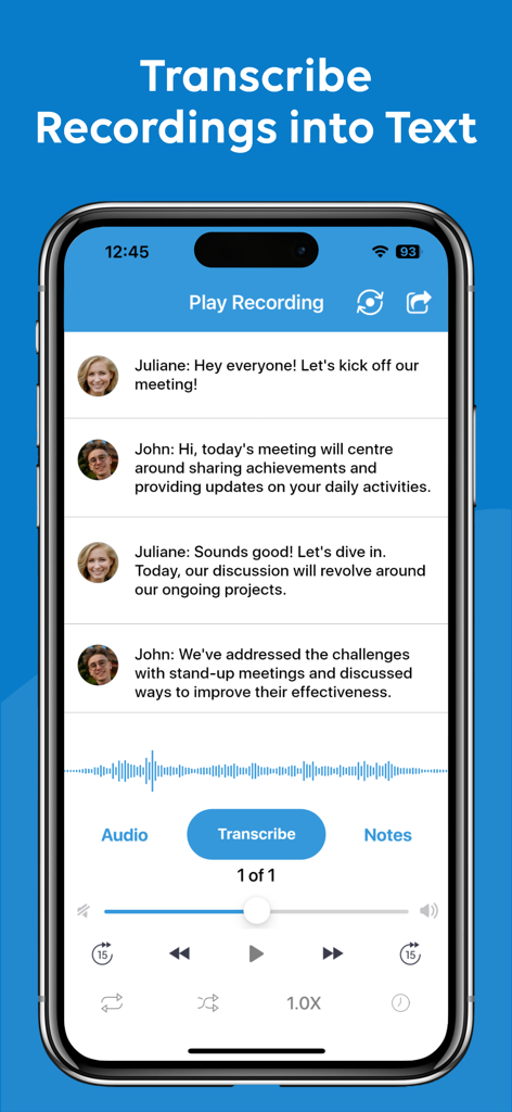 Smartphone screen displaying the transcription of a voice recording into text for meeting notes