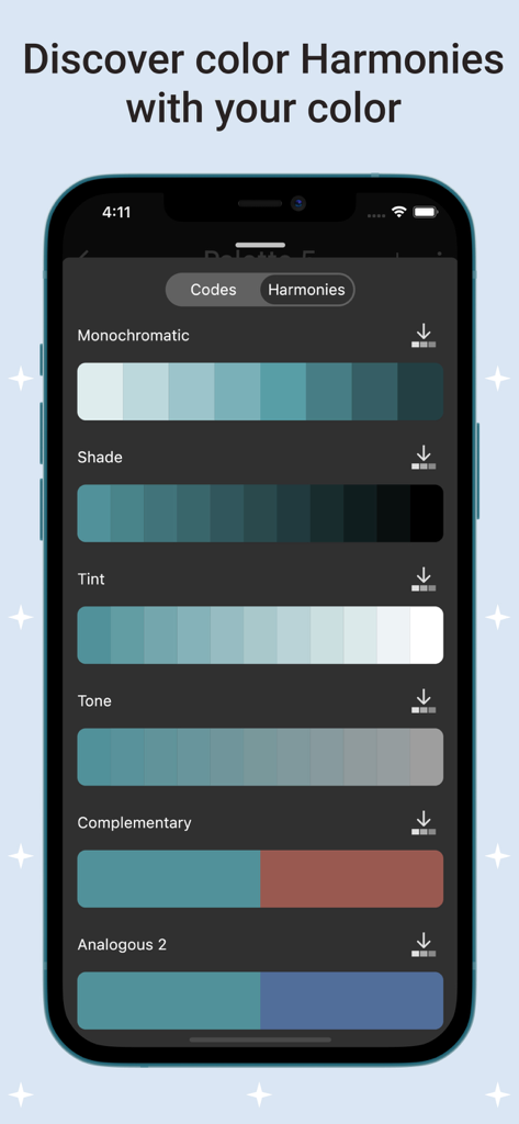 Color Picker: Grab Palette - Screenshot of Color Picker app showing color harmony palettes like monochromatic and complementary