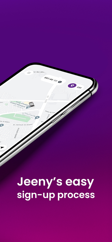 Jeeny - Drive and earn money - Smartphone displaying the Jeeny app driver dashboard with a map and earnings over a purple background