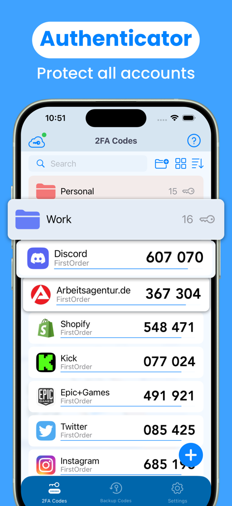 Authenticator App · 2FA - Authenticator app interface showing 2FA codes for Discord Shopify and Epic Games organized in folders