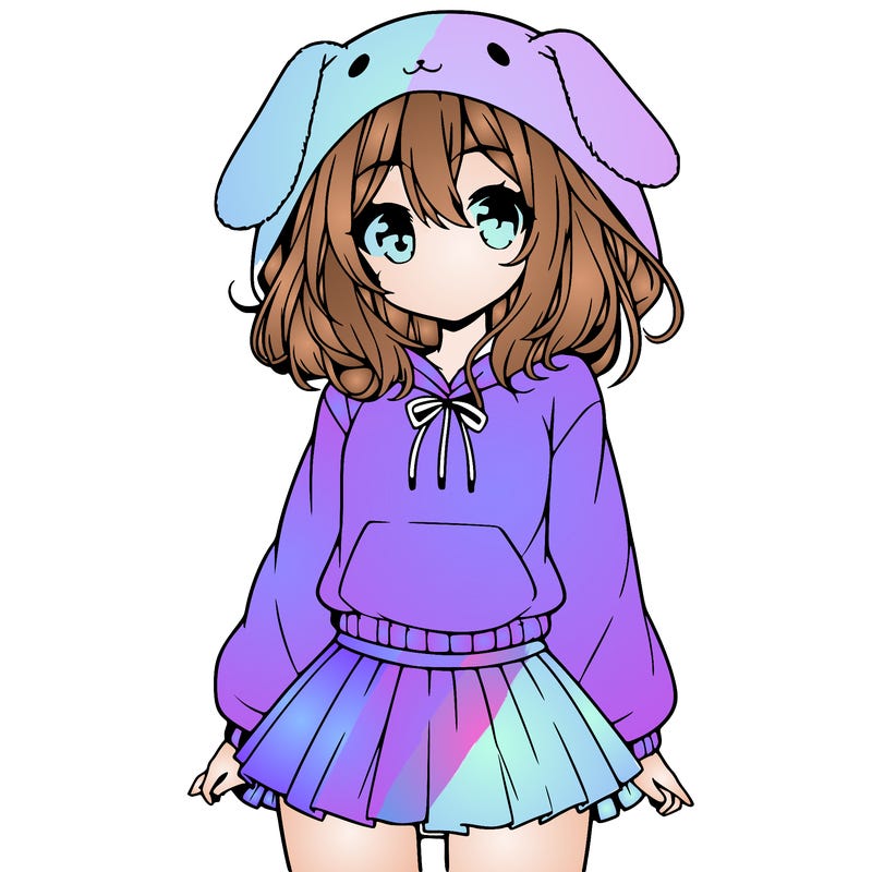 pretty anime girl wearing a fluffy hoodie with bunny ears on the hood and a skirt