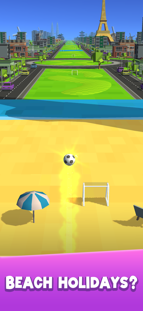 A soccer ball launched from a beach flying toward a city skyline with the Eiffel Tower in Soccer Kick game gameplay.