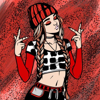 realistic teenage girl with braids and a beanie and crop top doing 🫶🏼