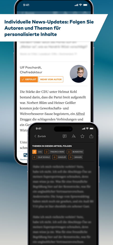 Interfaz de la aplicación WELT News que muestra opciones para seguir autores y temas de noticias específicos para una experiencia personalizada.