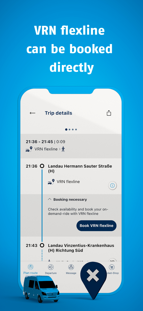 myVRN - The myVRN app interface displaying trip details and a direct booking option for the VRN flexline on-demand service.