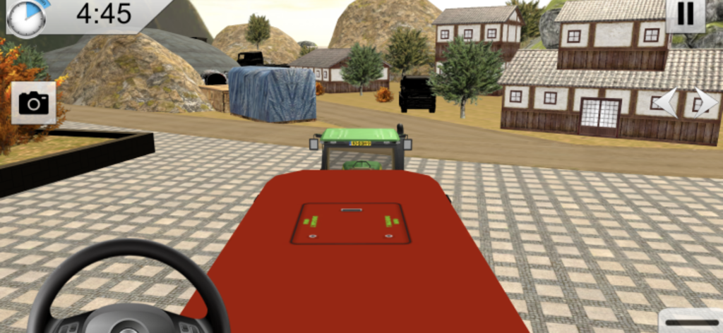 Ultimate Truck Tow Simulator - First person driving perspective of a red tow truck navigating through a 3D village environment in Ultimate Truck Tow Simulator.