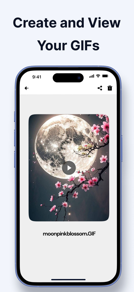 Y2Mate Downloader - La aplicación Y2Mate Downloader que muestra un GIF de una luna y flores rosas con opciones para compartir o eliminar.