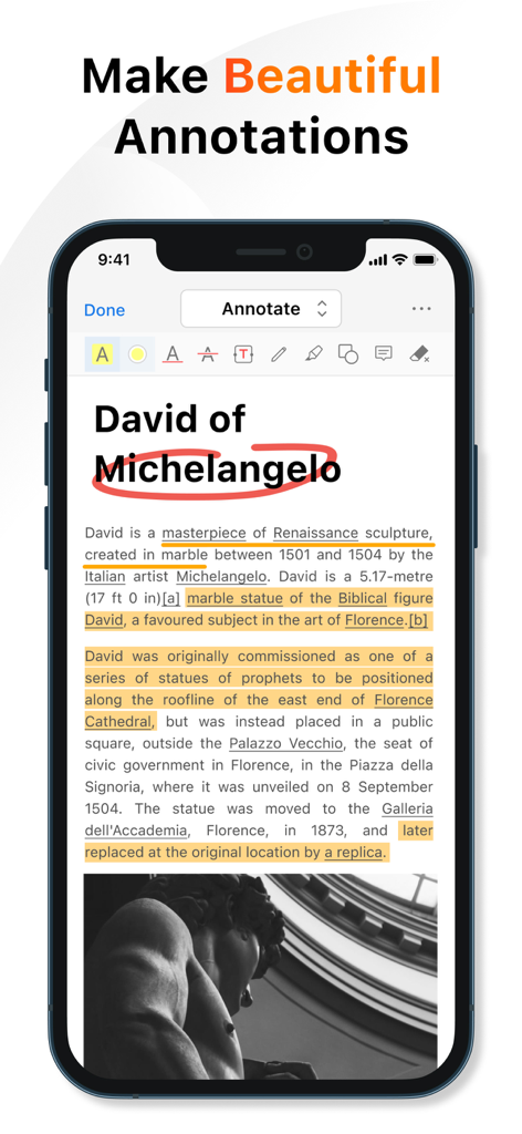 PDF Gear Mobile App-Oberfläche mit einem Dokument mit Text-Hervorhebungen und roten Stift-Anmerkungen auf einem iPhone