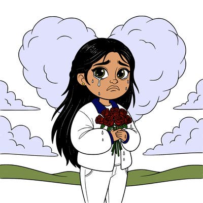 a beautiful ethnic hispanic gangster girl with roses crying and sadness return with clouds