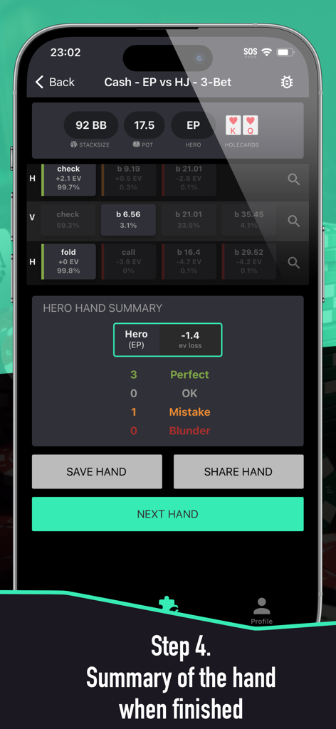 Uma tela móvel mostrando um resumo de mão de pôquer GTO com estatísticas de perda de EV e métricas de desempenho como jogadas perfeitas e erros.