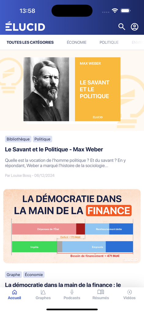 Interface de l'application Elucid montrant un fil d'actualité avec des articles sur la philosophie politique et des graphiques de visualisation de données économiques.