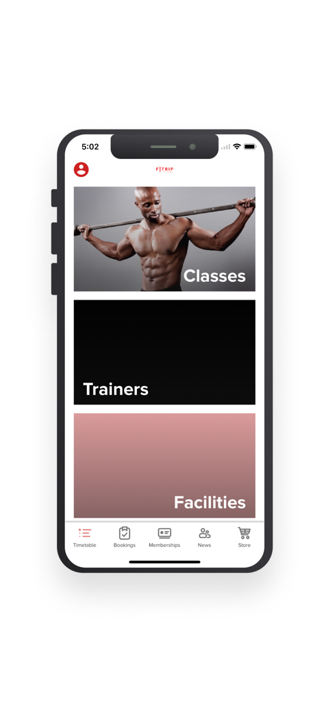 FITRIP - FITRIP mobile app dashboard displaying options for classes trainers and facilities