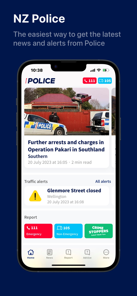 The home screen of the NZ Police mobile app featuring news updates traffic alerts and quick reporting buttons for emergency and non-emergency situations