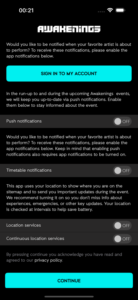 Pantalla de configuración de notificaciones y ubicación en la aplicación móvil Awakenings Festival