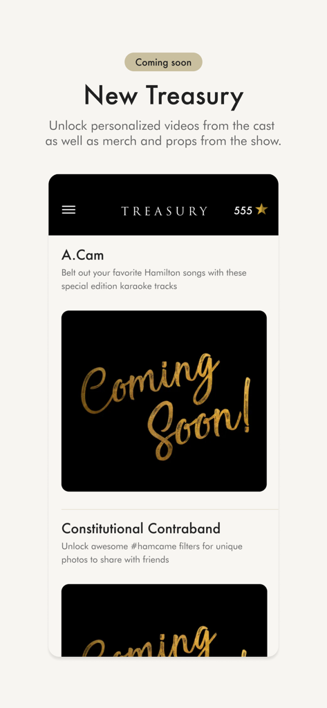 Hamilton - The Official App - Tela do Tesouro do aplicativo oficial Hamilton mostrando pontos de estrela e recursos futuros