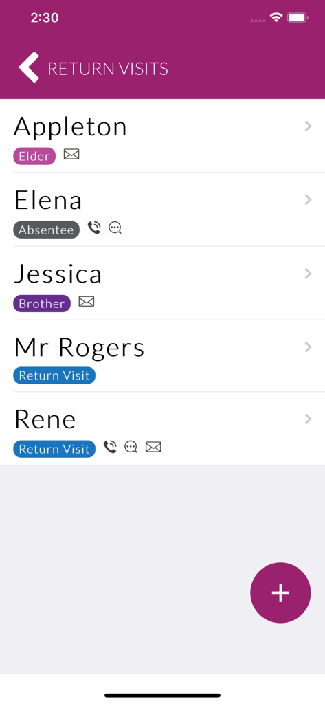 A list of return visits with names and labels in the Field Service Report Pro app