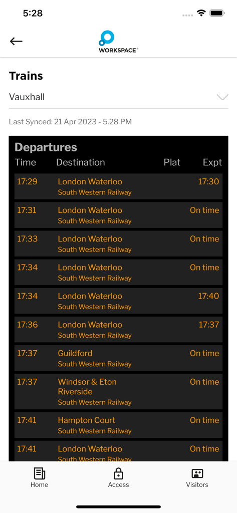 MyWorkspace - Live train departure board for Vauxhall station within the MyWorkspace app