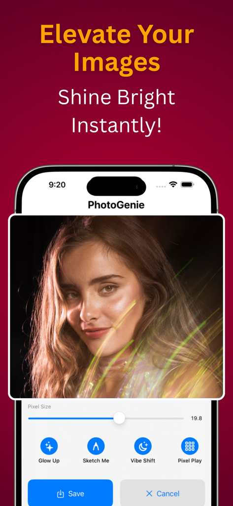 PhotoGenie Ultra - Interface de l'application PhotoGenie Ultra montrant un filtre 'glow up' appliqué à un portrait