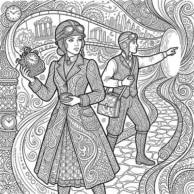 Unleash your creativity with this captivating Zentangle coloring page featuring two stylish steampunk time travelers. Dive into a world of intricate patterns, gears, and swirling designs as you bring this unique adventure to life.