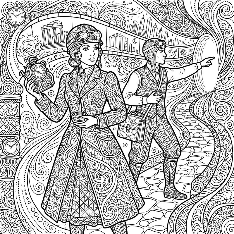 Unleash your creativity with this captivating Zentangle coloring page featuring two stylish steampunk time travelers. Dive into a world of intricate patterns, gears, and swirling designs as you bring this unique adventure to life.