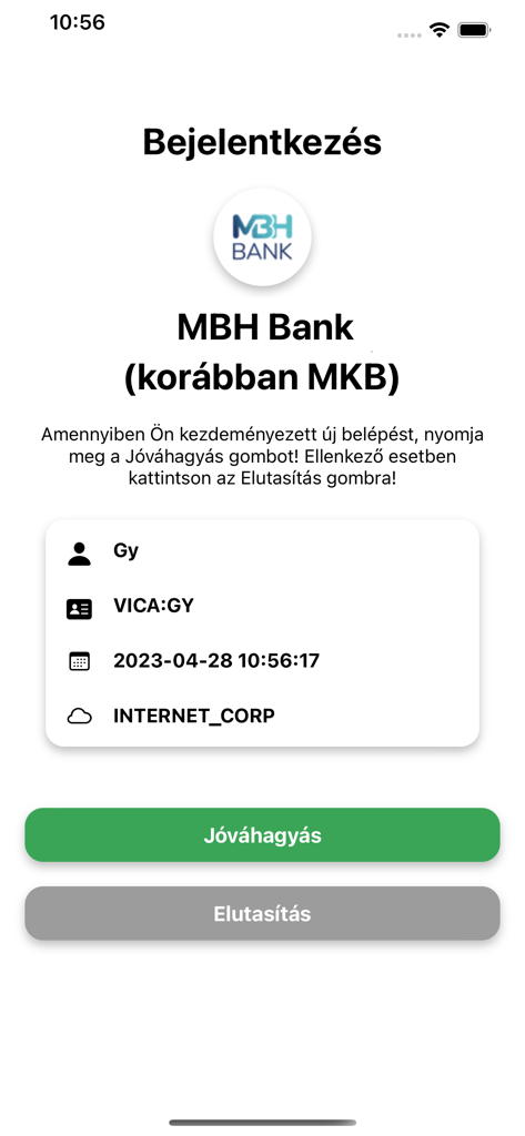 ViCA - ViCA app login authorization screen for MBH Bank with approve and reject buttons