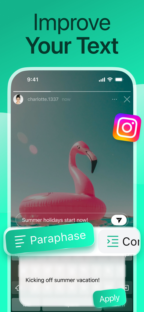 AI Type: Al Keyboard Extension - AI Type keyboard extension showing the paraphrase feature for an Instagram caption