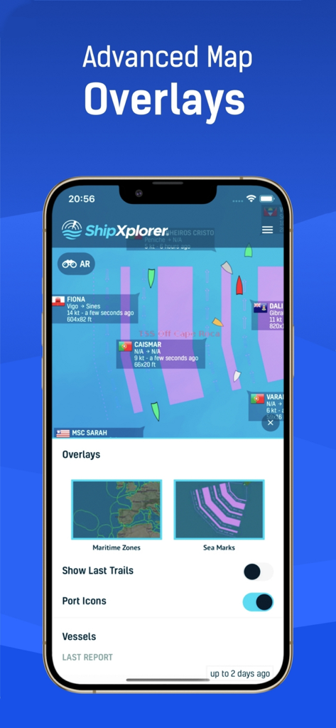 ShipXplorer 모바일 앱 인터페이스에 해상 구역 및 해도에 대한 고급 지도 오버레이가 표시됨