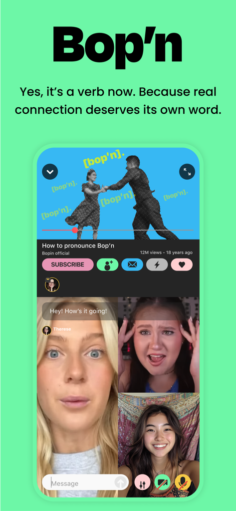 Bopin—Watch & make friends - Bopin app interface showing a group of friends video chatting while watching a synchronized YouTube video together