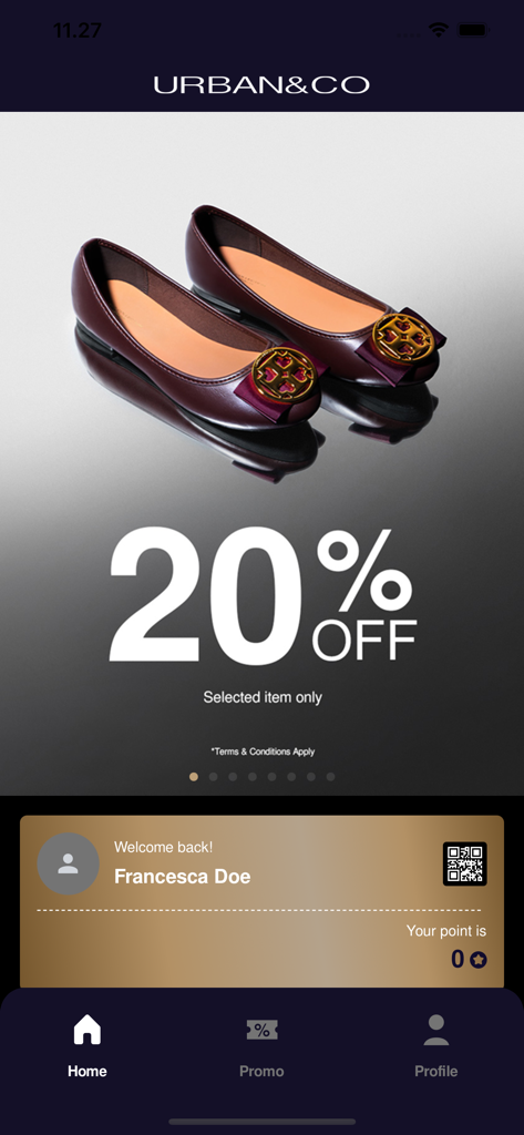 URBAN&CO Member - Home screen of the URBAN&CO Member app displaying a twenty percent discount banner and user membership point balance