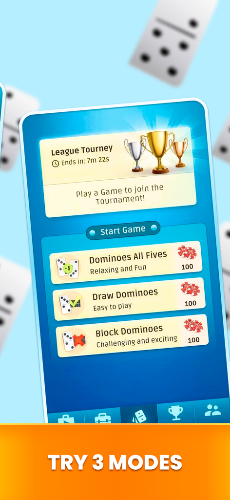 Dominoes game interface showing three game modes including All Fives Draw and Block plus a tournament league banner