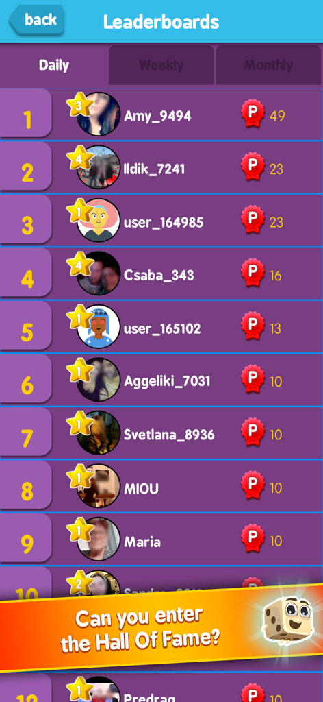 Yatzy Arena® Lucky Dice World - Daily player rankings and Hall of Fame leaderboard in Yatzy Arena.