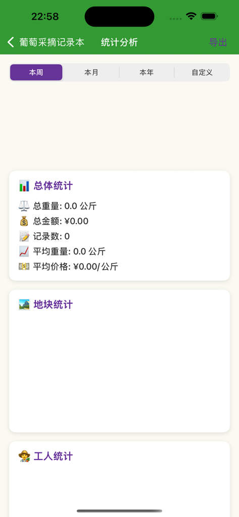 丰收记 - Panel de una aplicación de gestión de viñedos que muestra estadísticas de peso de cosecha y financieras