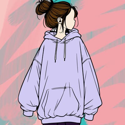 realistic girl with a oversized sweatshirt on and a bun