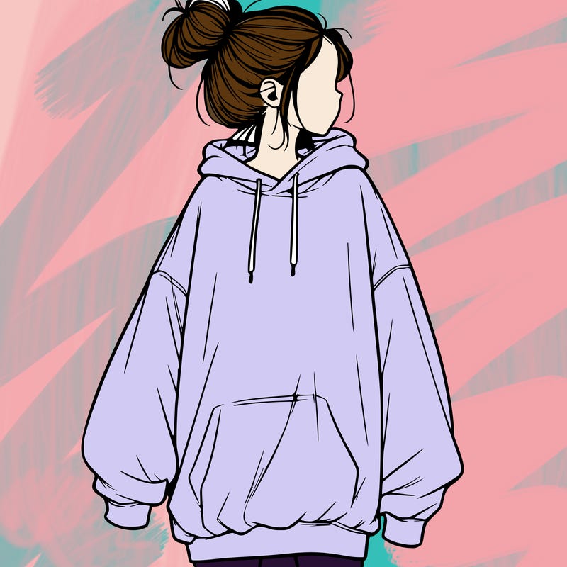 realistic girl with a oversized sweatshirt on and a bun